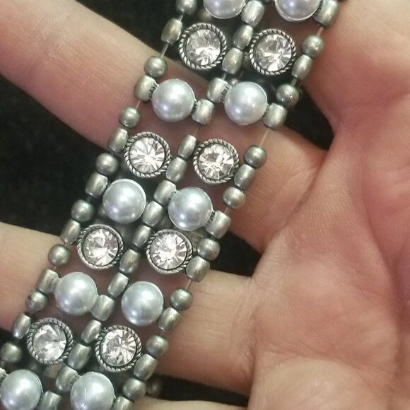 Vintage Premier Designs Pearl and Rhinestone Pendant, Earing and Bracelet Set - Picture 4 of 12